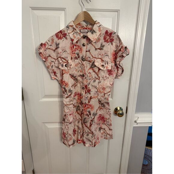 Saiph Lab Italy Beige & Rose Asian Inspired Linen Button Up Romper sz M EUC - Picture 1 of 9